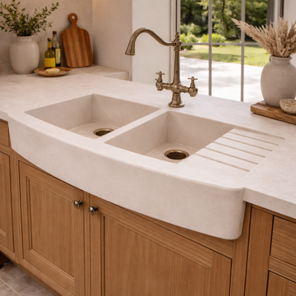 vasque en pierre de travertin beige – Épaisseur 15 cm – avec devant naturel – prix à la pièce