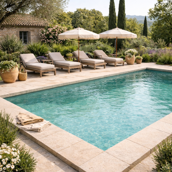 margelle de bassin vieillie style ancien – pierre du périgord doré 8cm – prix au mètre linéaire