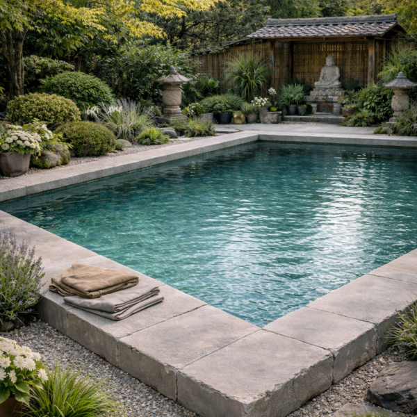 margelle de bassin vieillie style ancien – pierre du périgord gris grège 8cm – prix au mètre linéaire