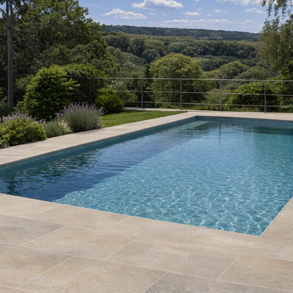 margelle de piscine en pierre du périgord gris grège – finition chant droit – Épaisseur 3 cm – prix au mètre linéaire