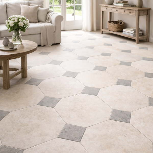 Dallage pierre octogone 33x33 dordogne avec cabochon gris (prix au m²)