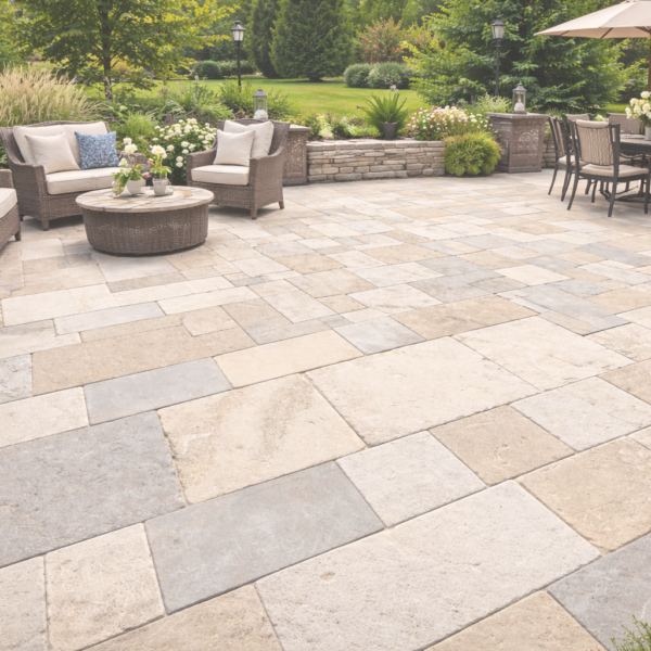 Dallage Pierre Medina Patio aménagé avec coin salon et cuisine