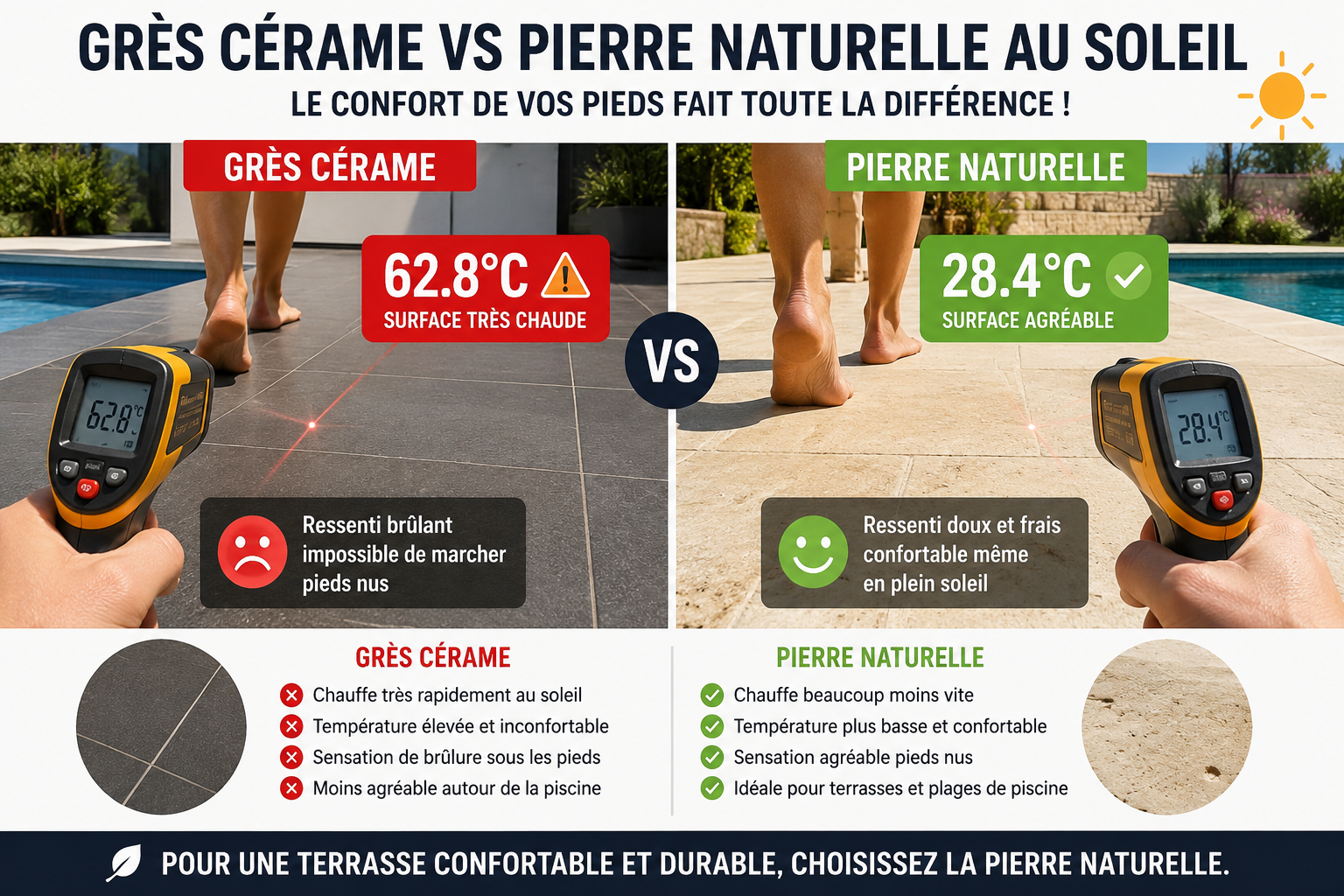 gres cerame vs pierre naturelle au soleil