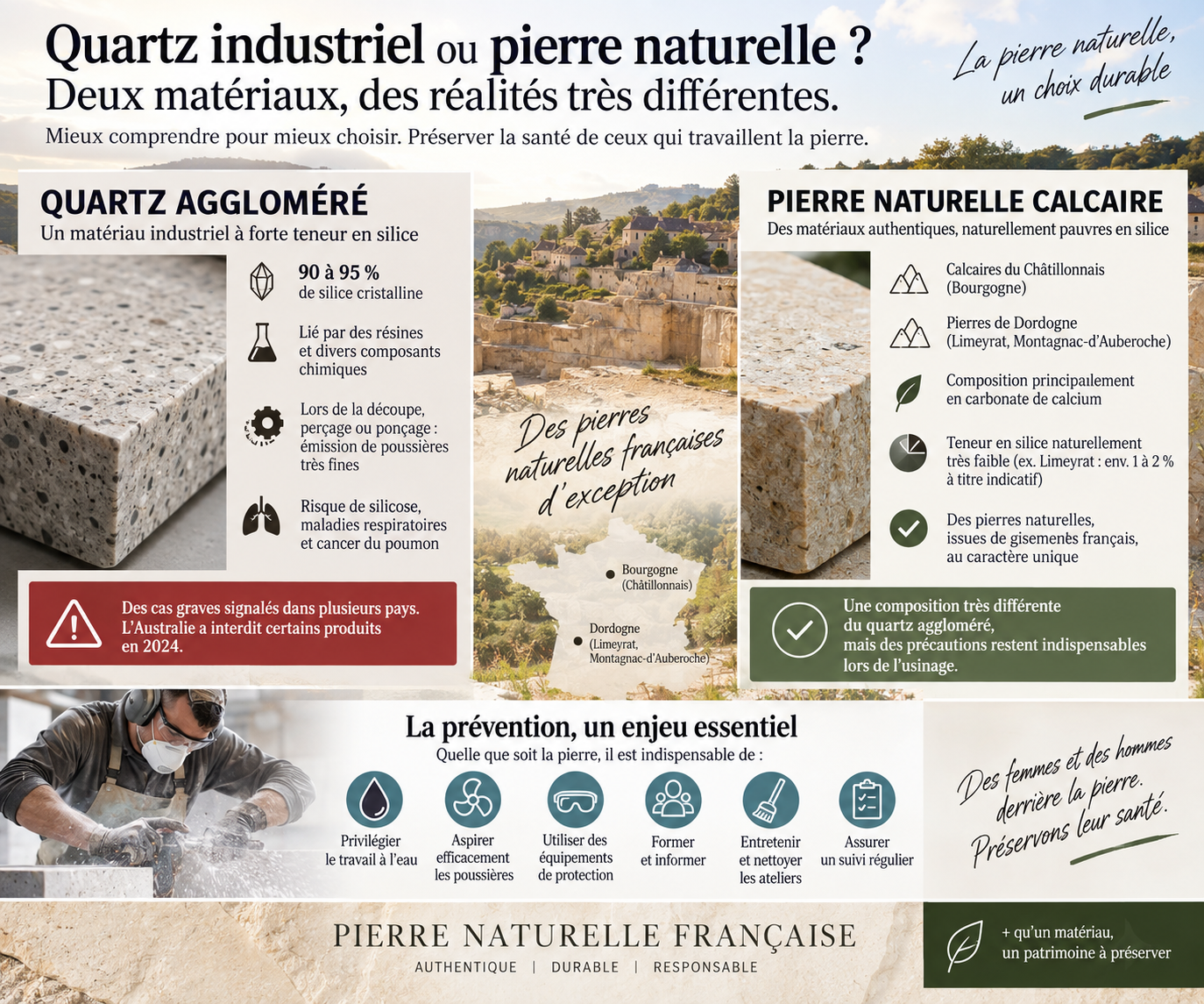 quartz aggloméré, silice et santé pourquoi la pierre naturelle calcaire mérite une vraie distinction